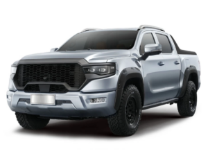 Seitenansicht des Foton 4 Pick-ups mit Doppelkabine in der Farbe Grau Metallic.