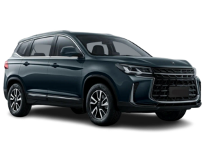 Schräge Vorderansicht des DFM Forthing 3 Elektro-SUV in der Farbe Schwarz.